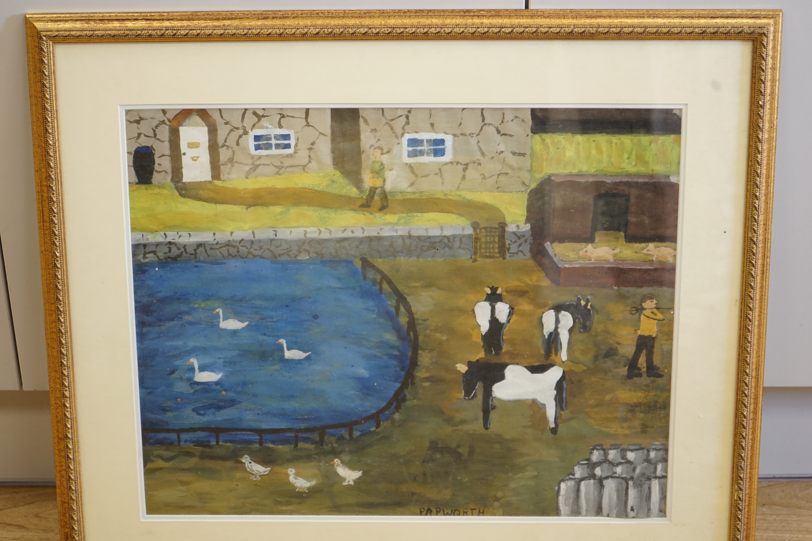 Papworth, mixed media and gouache, Naive farmyard scene, signed, 39 x 49cm. Condition - fair